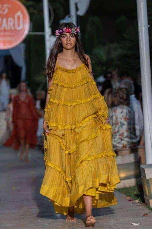 Stunning runway model in yellow boho dress atLa Galeria Elefante Ibiza - Atzaro fashion show Ibiza