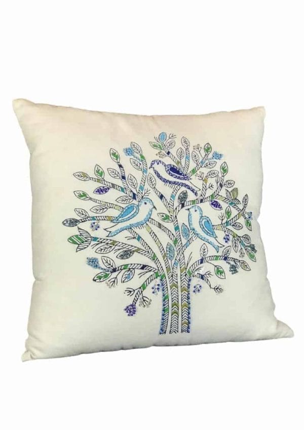 blue embroidered tree with birds