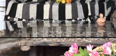 Striped Grey And Floral Crochet Blanket
