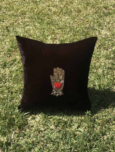 Hamsa Hand Cushion In Maroon Velvet