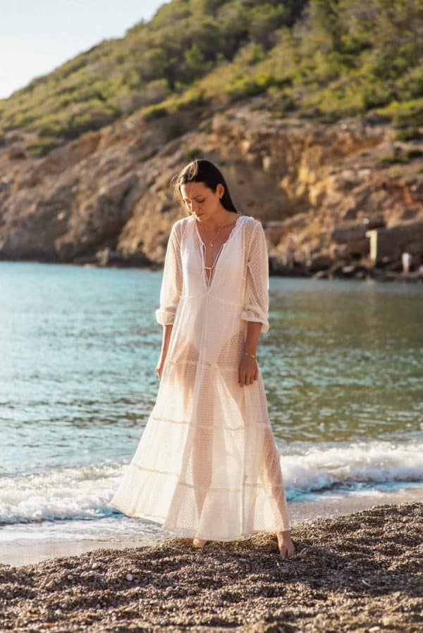 long lace net dress in white