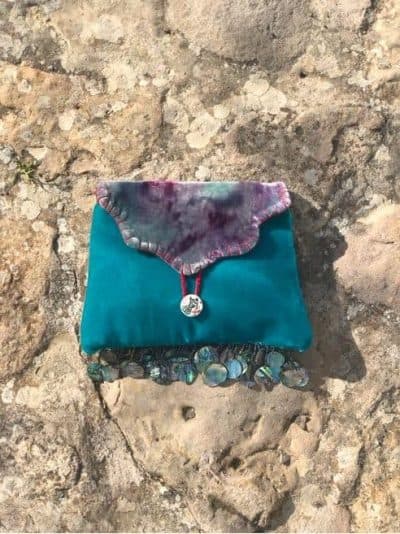 Mother Of Pearl Trim Turquoise Velvet Clutch Bag