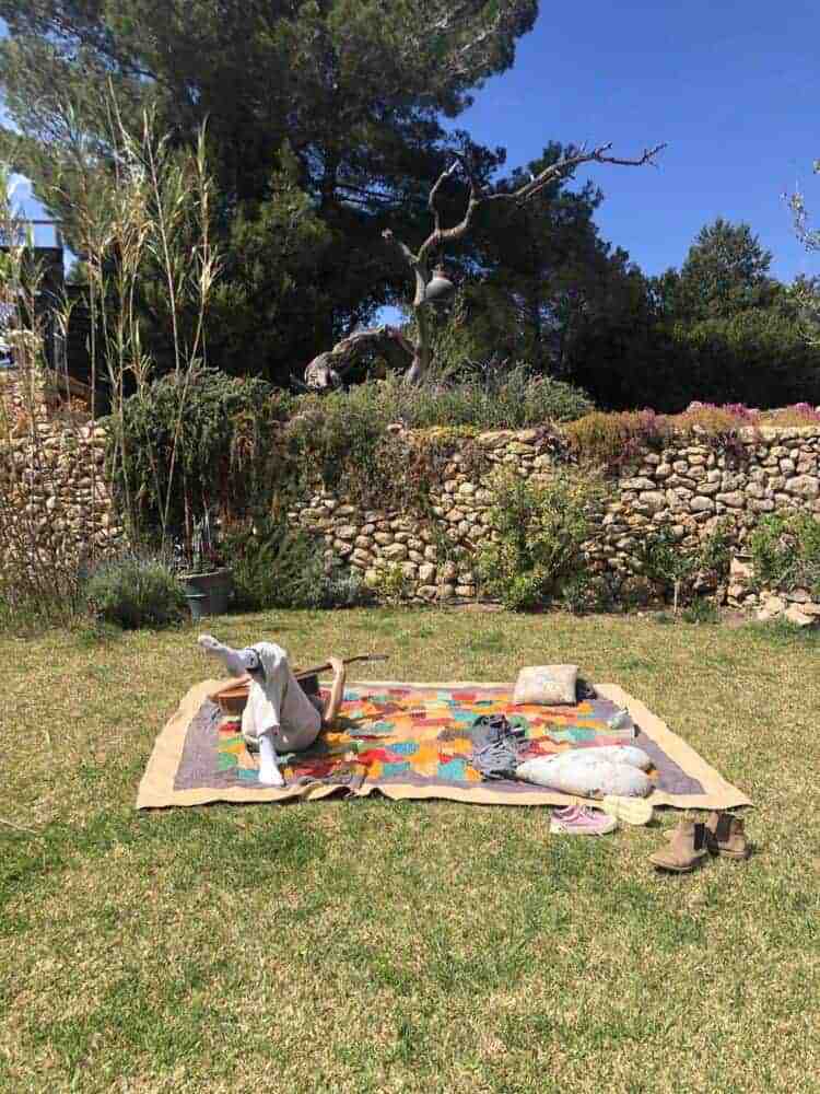 Vibrant garden with someone resting on a colorful blanket while playing the guitar and a monkey in the trees.