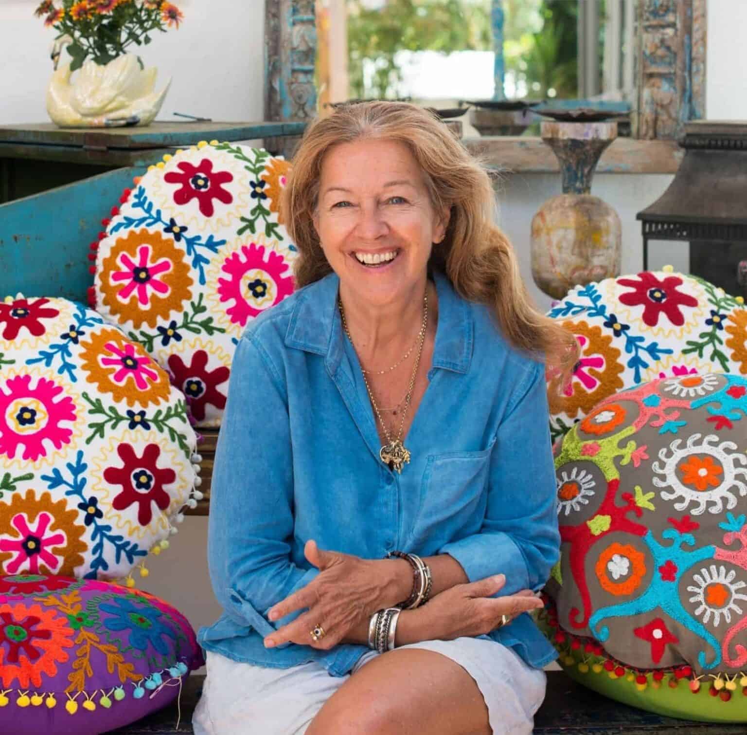 Vibrant colorful embroidered cushions showcasing traditional textile art at La Galeria Elefante Ibiza - Victoria's August Favourites.