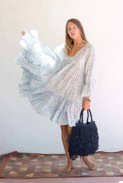 indigo coloured jute bag with wide sleeve cosmic dress