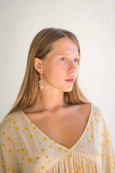wide sleeve cosmic dress in yellow with cluster earrings