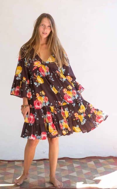 short brown dress with a floral print