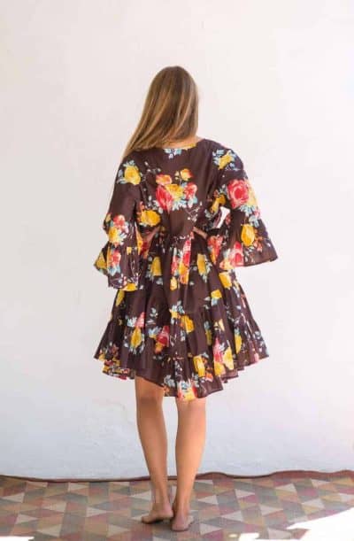 wide sleeve brown floral dress