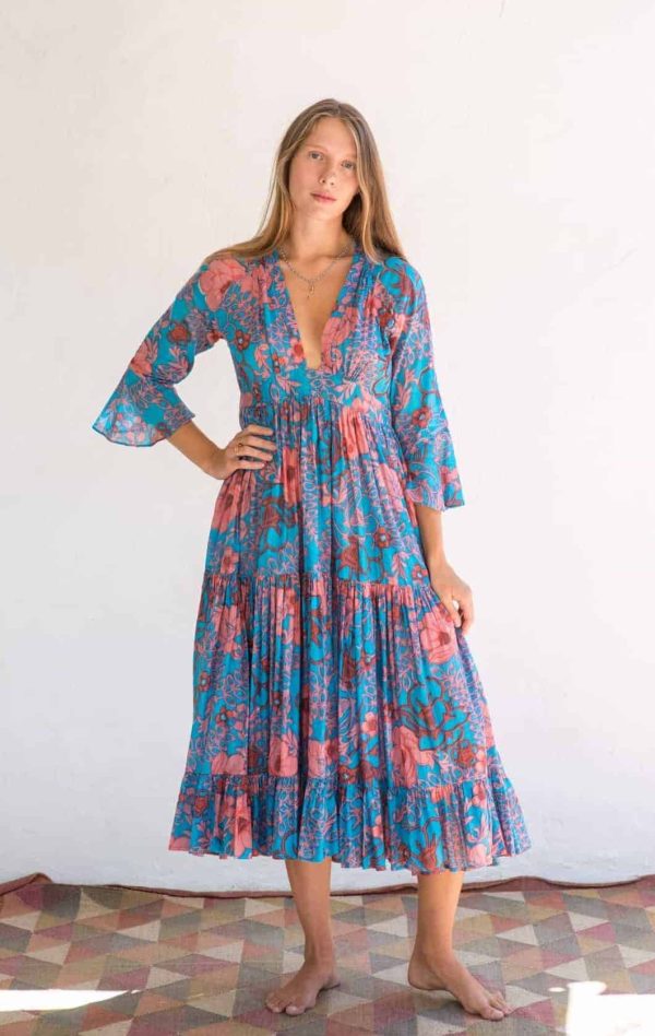turquoise floral dress in cotton with a full skirt