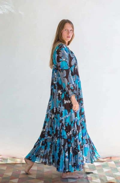 floaty summer dress in a blue and brown print