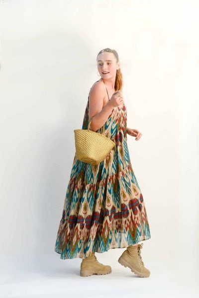 cream ikat dress with gold leather basket