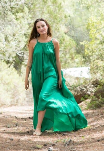 emerald green angel dress in silk with spaghetti straps
