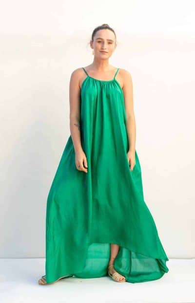 emerald green silk dress front view