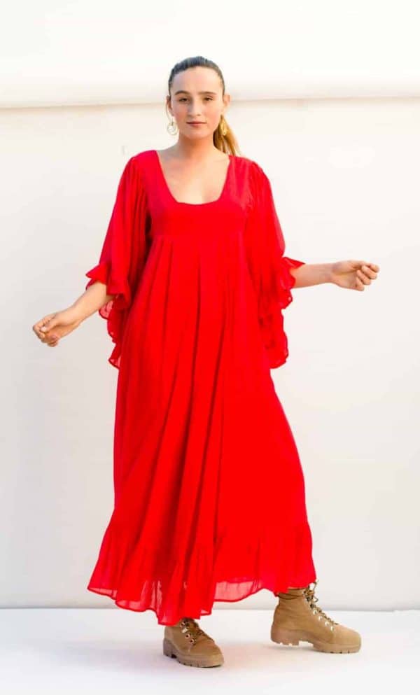 long red dress with a square neckline and butterfly sleeves