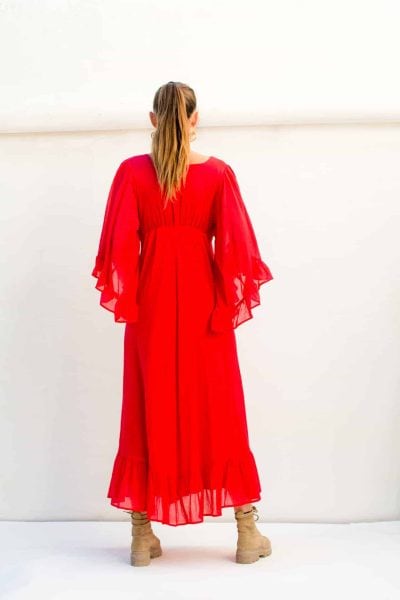 back view of a red ankle length dress with butterfly sleeves