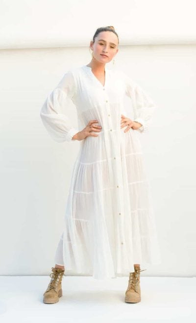 long white button up dress with pockets and long sleeves