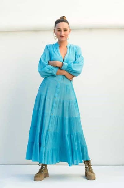 front view of a long tiered sky blue dress