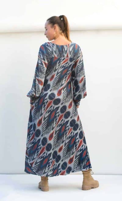 Ikat print long dress with pockets and long sleeves back view