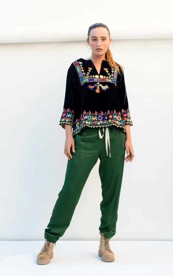 soft green trousers with brown velvet top