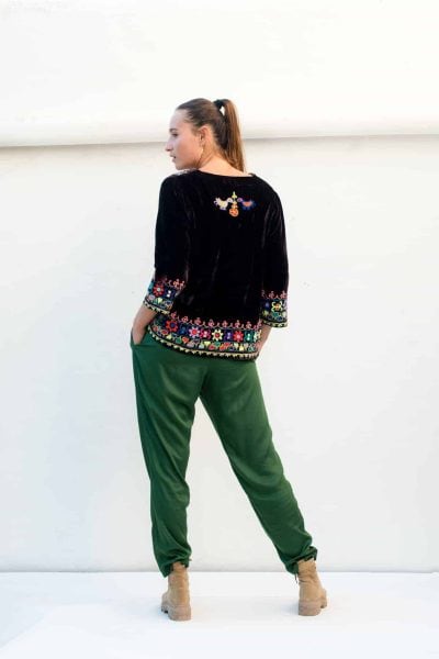 loose fitting green trousers