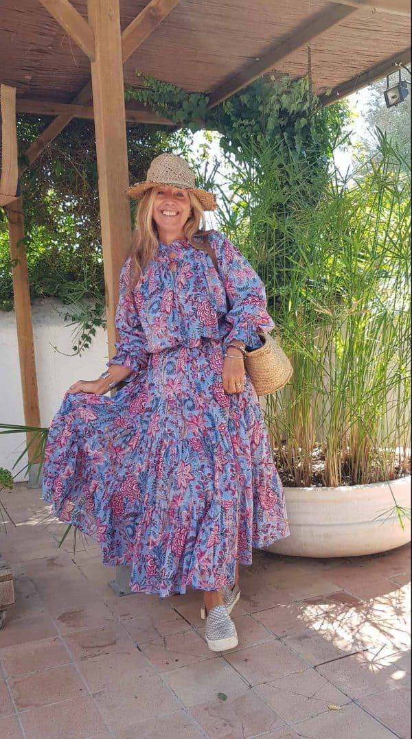 Victoria Durrer-Gasse modelling the blue pink floral Frill Dress
