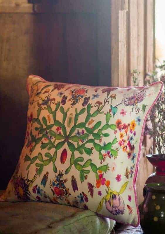 Silk screen print botanical cushion with a cactus scene on it