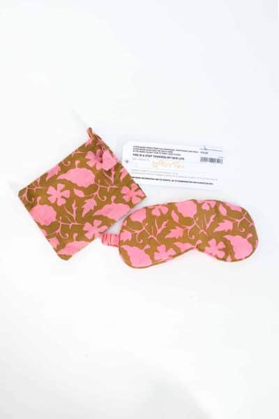 eye mask with matching bag in a pink and brown print