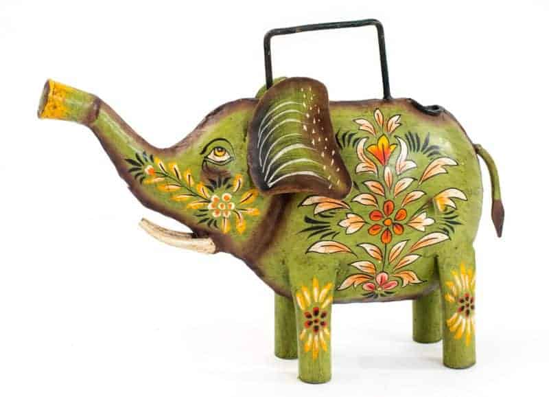 Hand painted metal watering can in the shape of an elephant