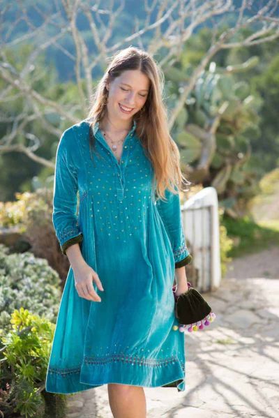 velvet dress in turquoise with sequins and running stitch detail