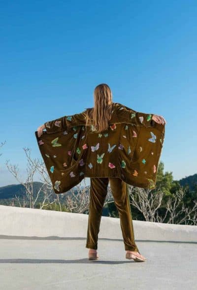 golden olive green jacket with colourful butterfly embroidery