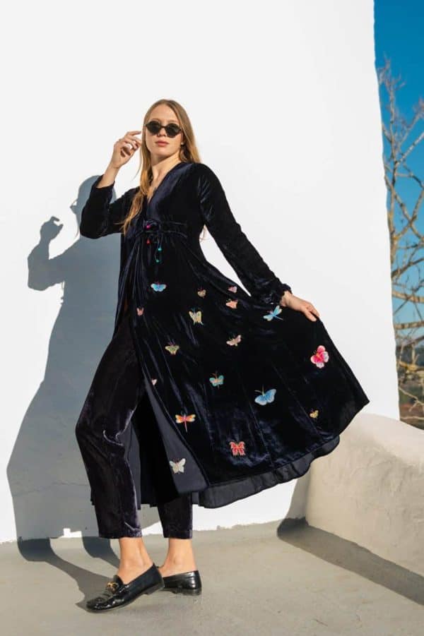 long coat with colourful butterflies