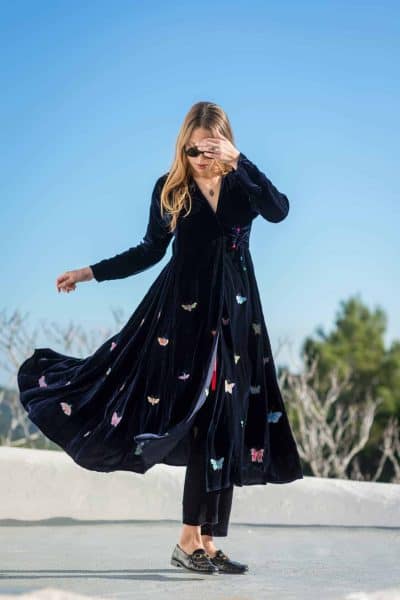 navy velvet wrap around coat with butterfly embroidery