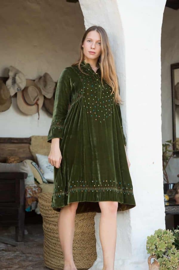 Green velvet dress with sequins and kantha stitch details at the hems