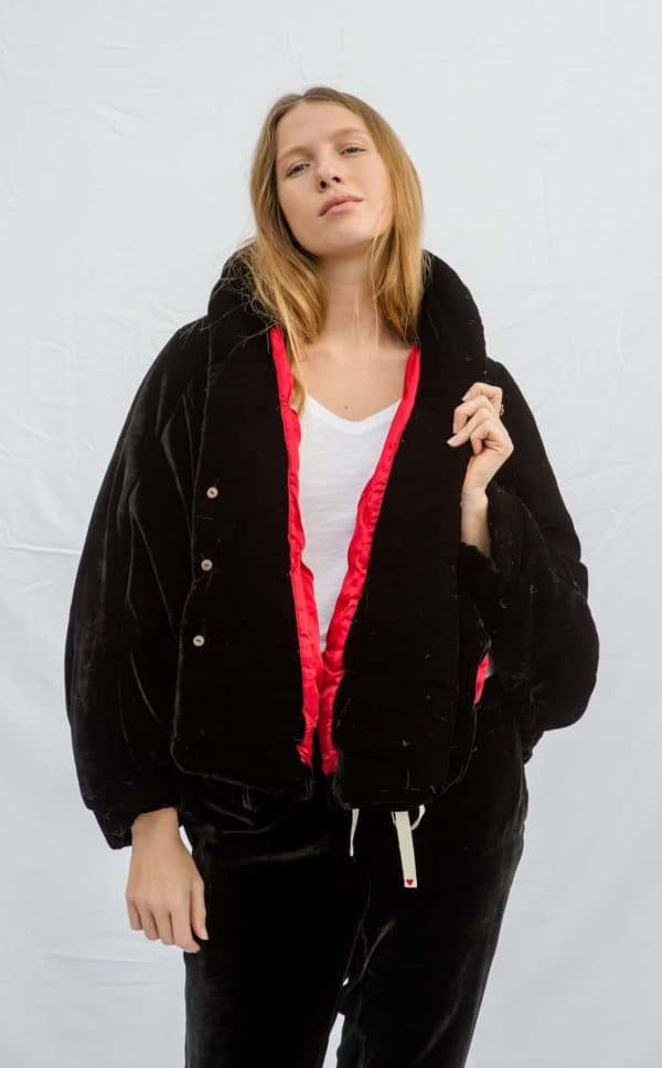 black velvet puffy jacket with red silk lining
