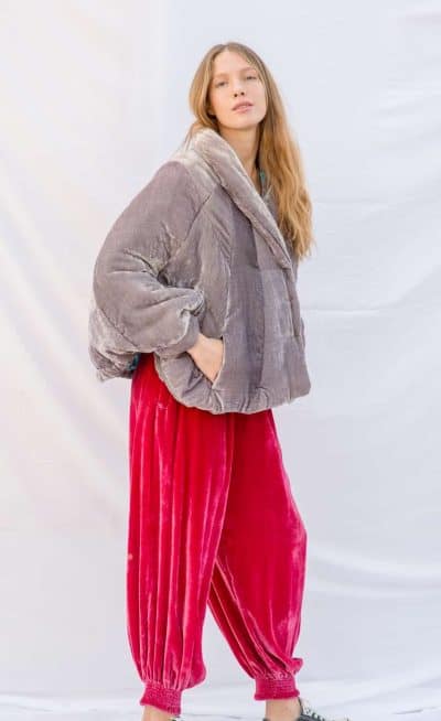 dusty silver puffy velvet jacket with pockets
