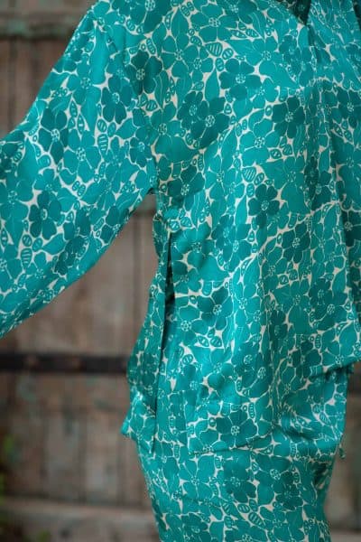 WIF Silk A-Line Top & Trousers close up of green Buna floral print