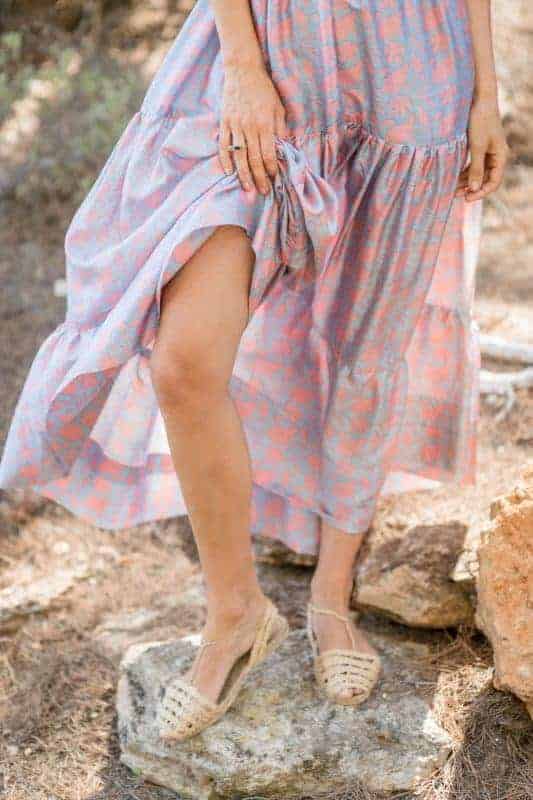La Galeria Elefante Ibiza Bohemian pastel-colored dress with hand-stitched embroidery and slit detail, Ibiza style.