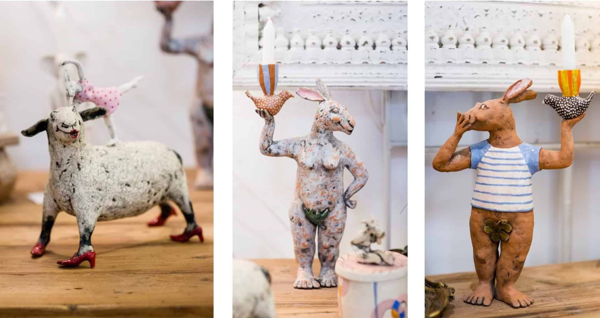 Whimsical handcrafted animal sculptures, including rabbits and goats, from La Galeria Elefante, showcasing unique artistic craftsmanship and playful design for modern home decor.