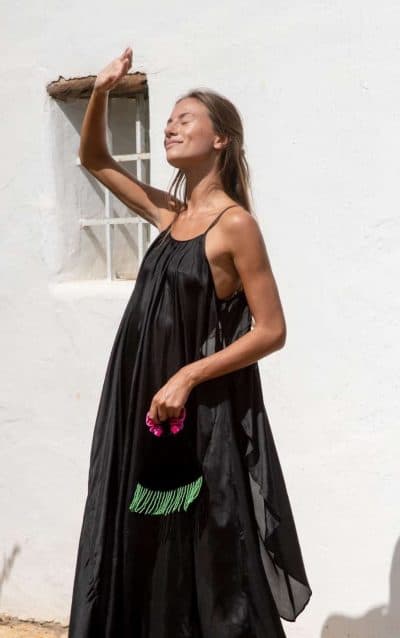 black silk long dress with velvet bag