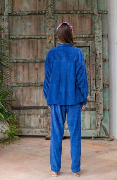 blue corduroy shirt and matching trousers