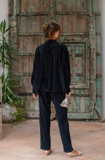 black corduroy shirt and trousers
