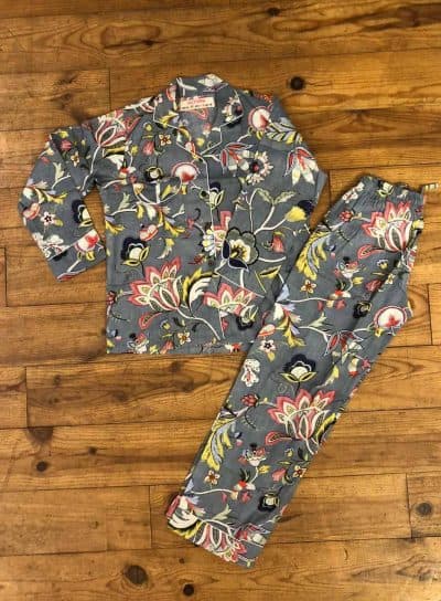 grey floral pyjamas with piping