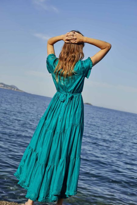 Silk Freya Dress - La Galeria Elefante Ibizaback view of a model wearing a green silk freya dress