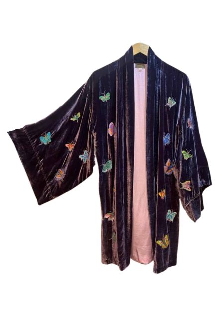 Dark Mauve Velvet Butterfly Kimono Open