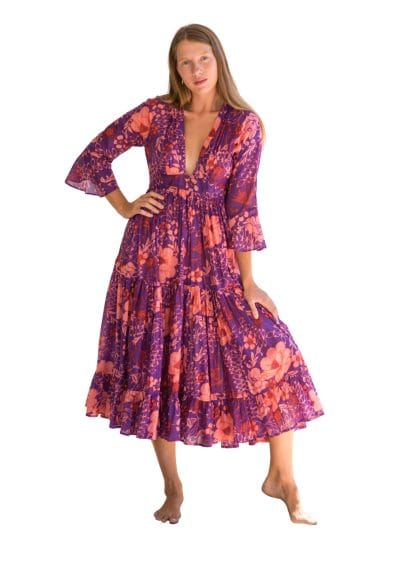 Full Skirt Mexican Dress Purple Floral Front