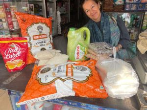 Colorful grocery shopping scene with Victoria from La Galeria Elefante with rice, lentils, spices, and household essentials in a vibrant store setting.