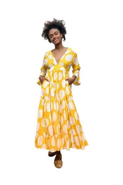Mexican Dress Full Skirt Yellow Polka Front