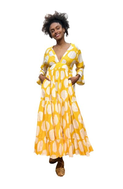 Mexican Dress Full Skirt Yellow Polka Front