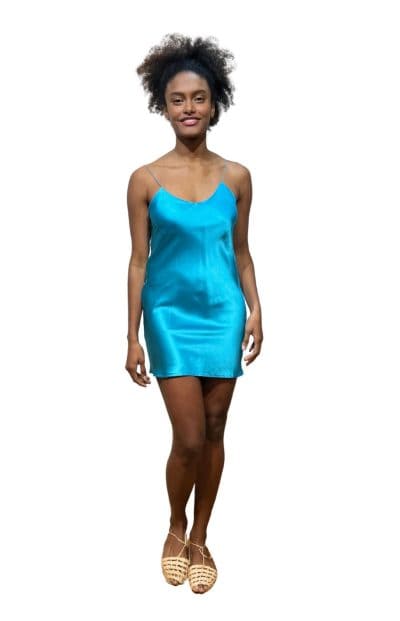 Short Silk Slip Dress Turquoise Front