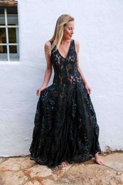 Floral Lace Flamenco Ballgown Black front